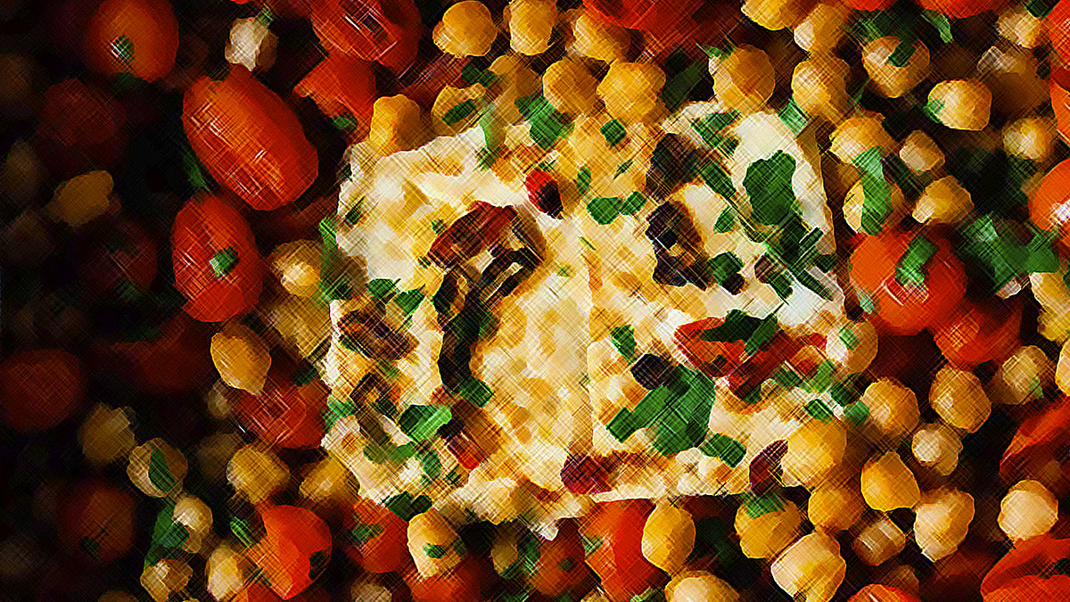 Receta de feta al horno con brócoli, tomates y garbanzos