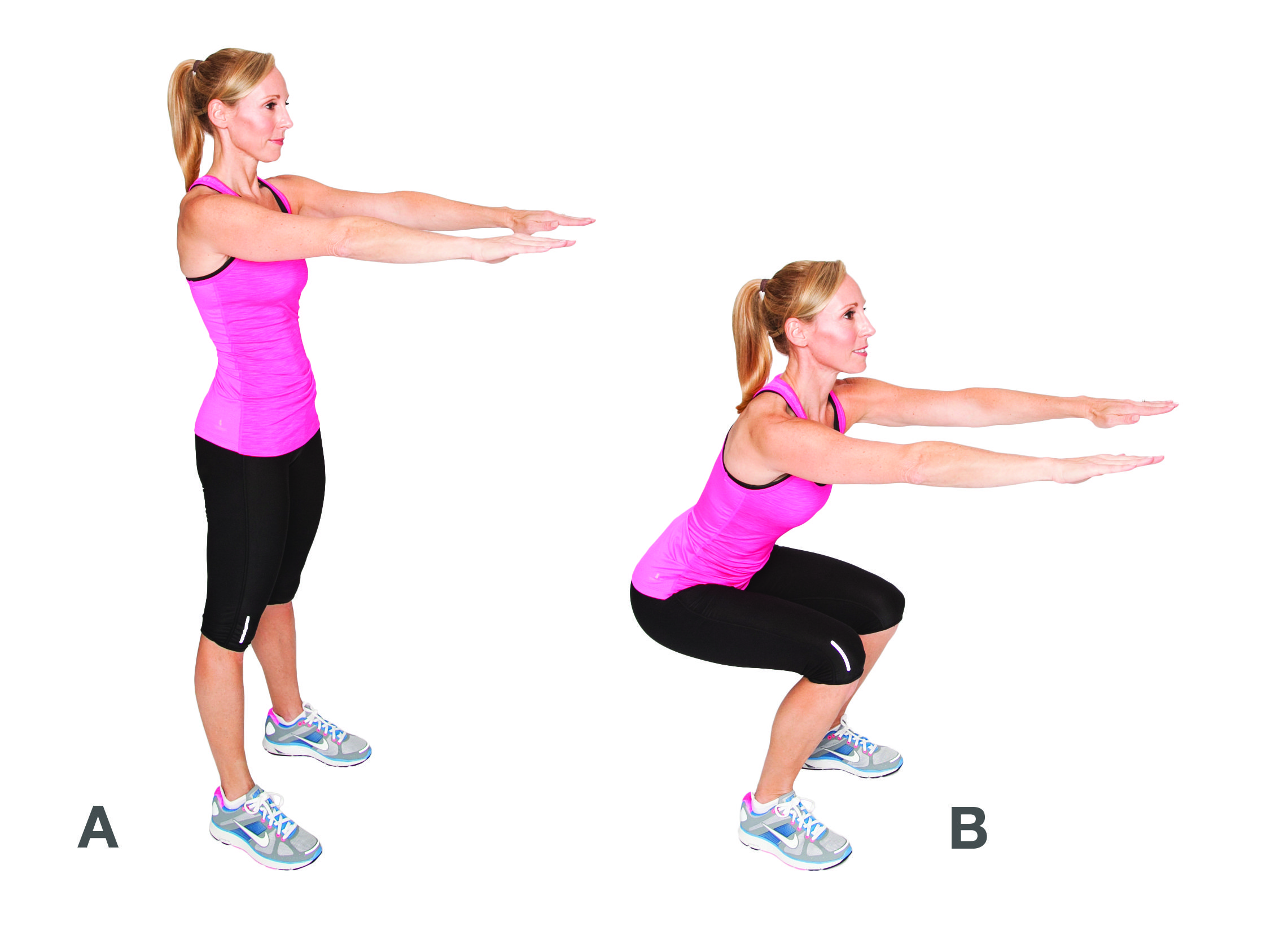 Sentadillas, Este ejercicio trabaja: cuadriceps, isquiotibiales y glúteos