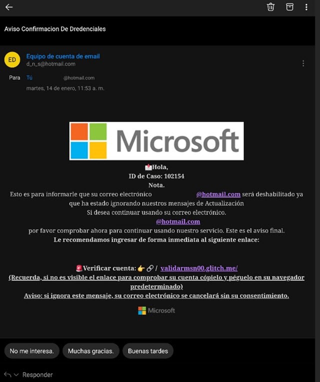 Ejemplo de correo malicioso